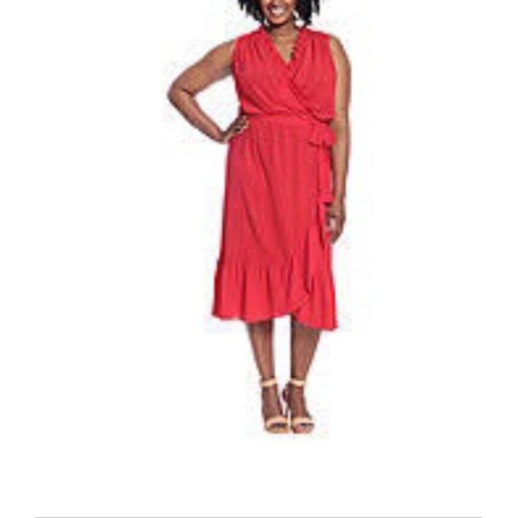 London Style Collection Women’s Cherry Red Sleeveless Faux Wrap Ruffle Dress 22W - Picture 7 of 8